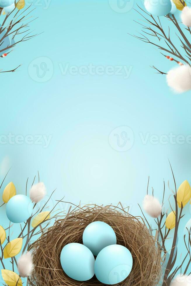 AI generated Easter eggs in a nest on a blue background photo