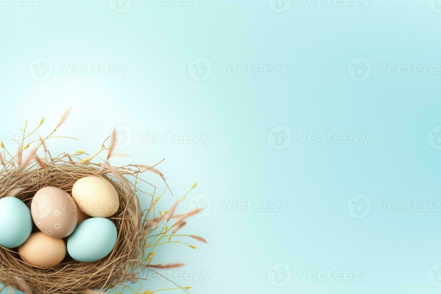 AI generated Easter eggs in a nest on a blue background photo