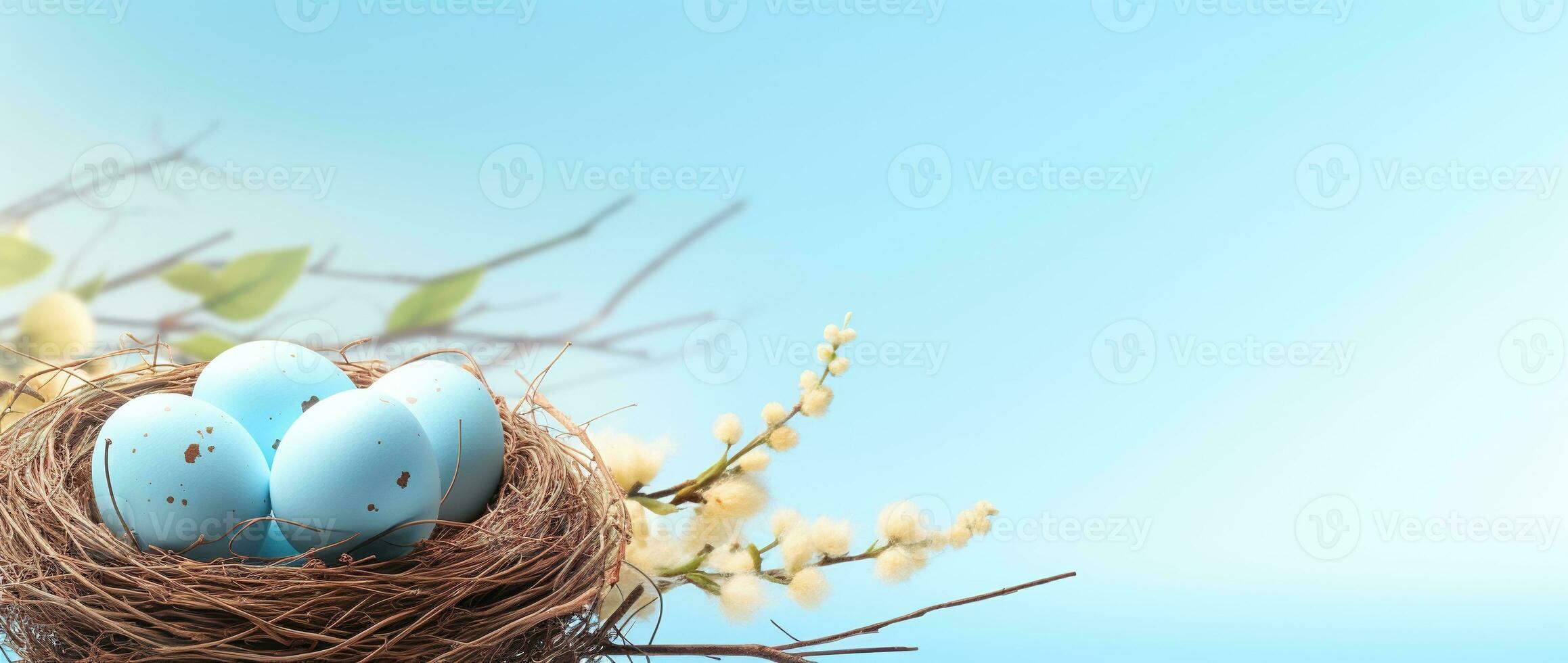 AI generated Easter eggs in a nest on a blue background photo