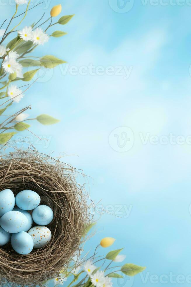 AI generated Easter eggs in a nest on a blue background photo