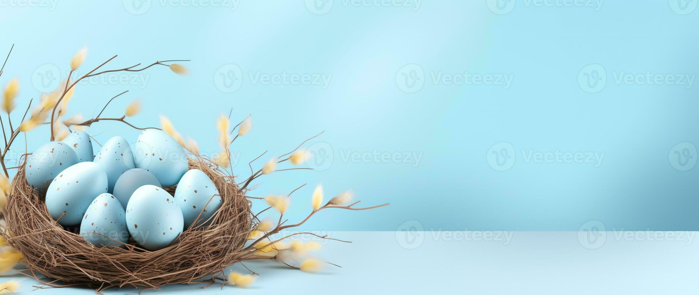 AI generated Easter eggs in a nest on a blue background photo
