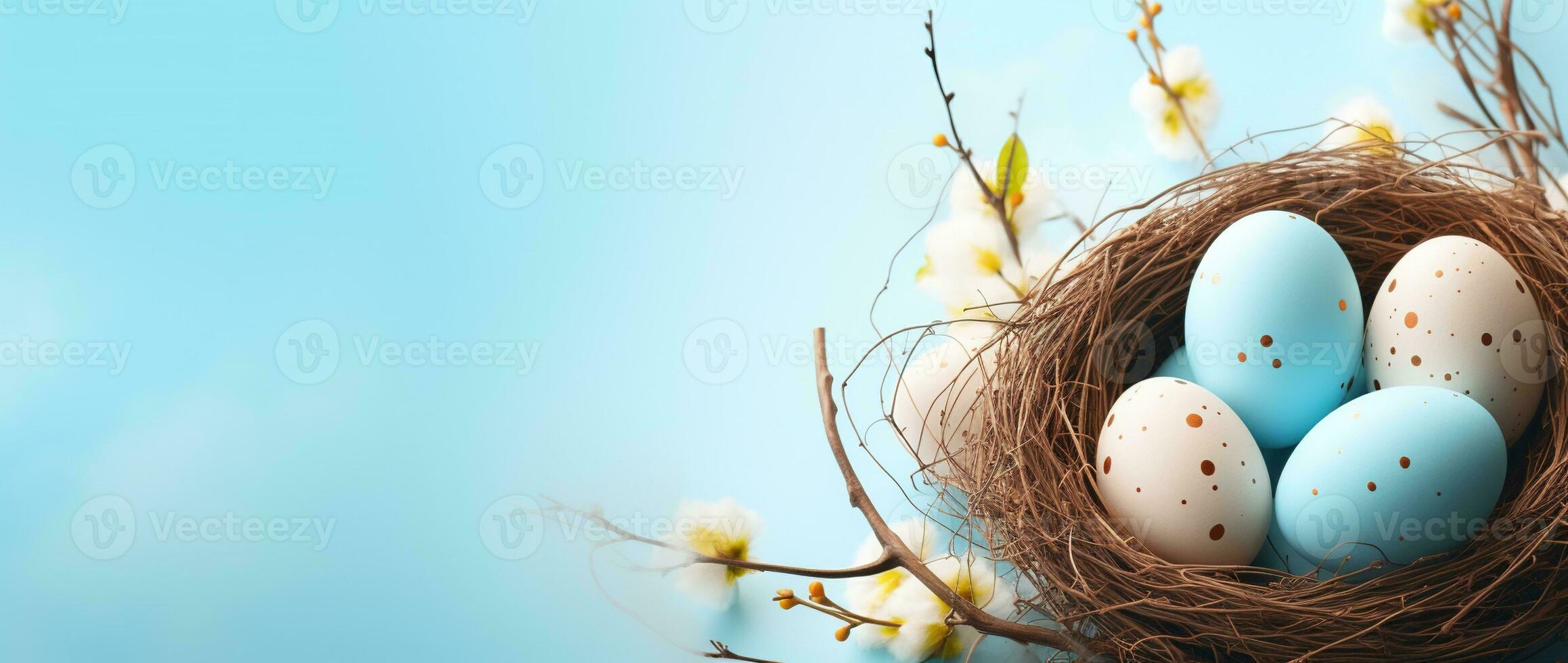AI generated Easter eggs in a nest on a blue background photo