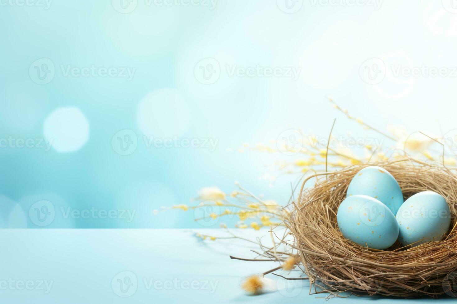 AI generated Easter eggs in a nest on a blue background photo