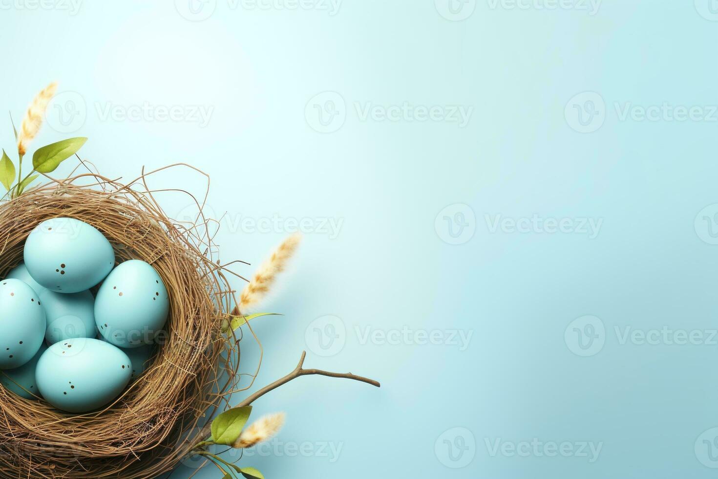 AI generated Easter eggs in a nest on a blue background photo
