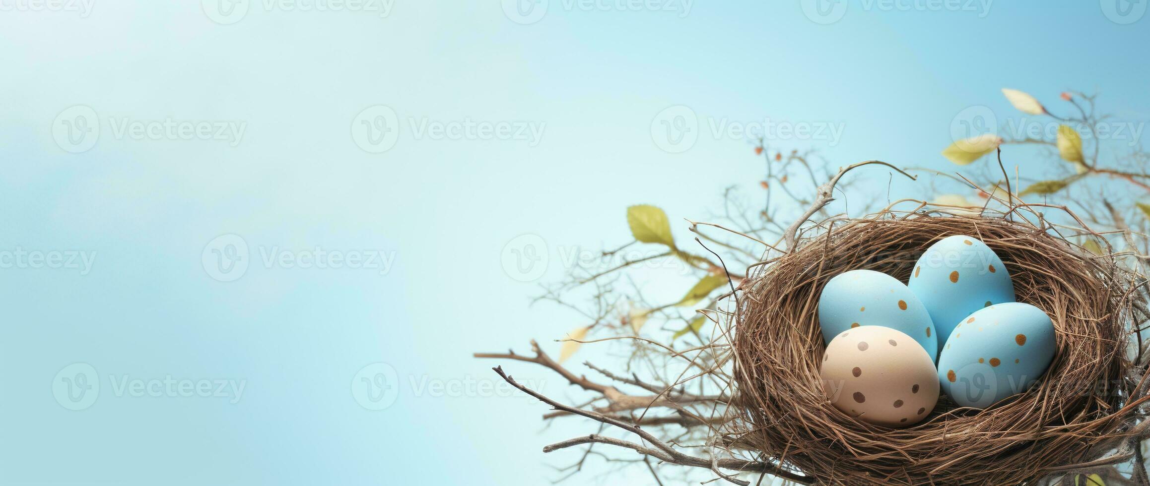 AI generated Easter eggs in a nest on a blue background photo