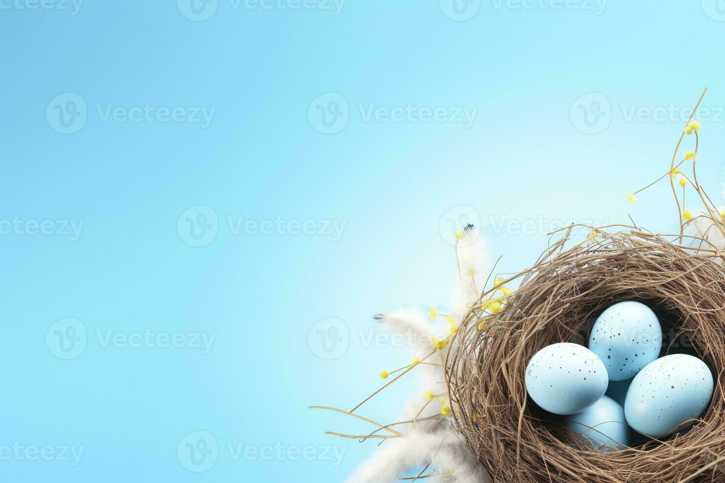 AI generated Easter eggs in a nest on a blue background photo