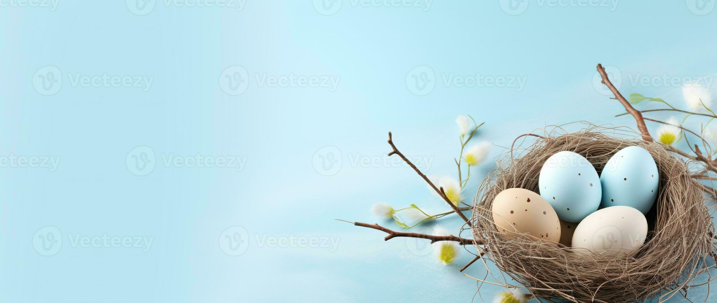 AI generated Easter eggs in a nest on a blue background photo