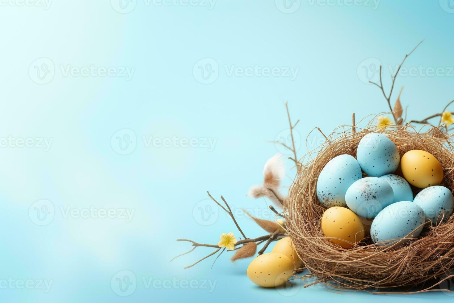 AI generated Easter eggs in a nest on a blue background photo
