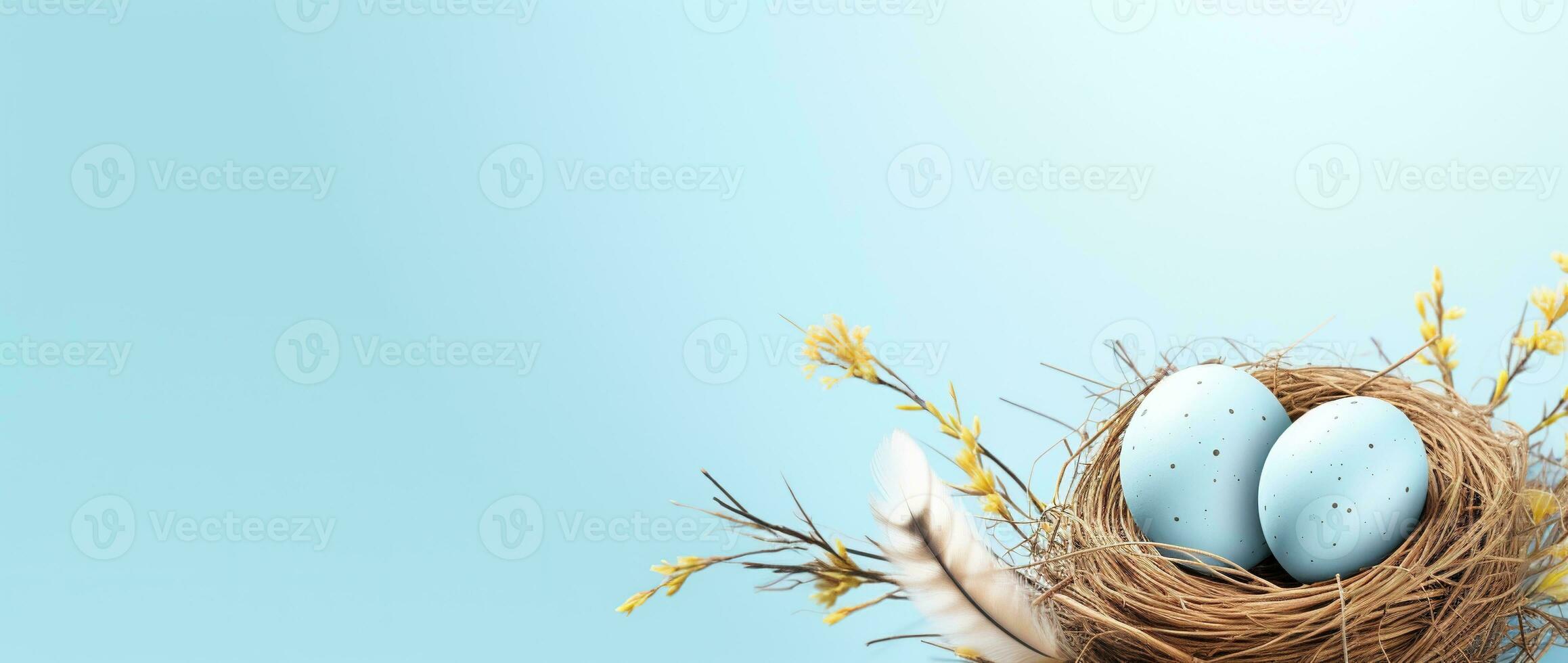 AI generated Easter eggs in a nest on a blue background photo