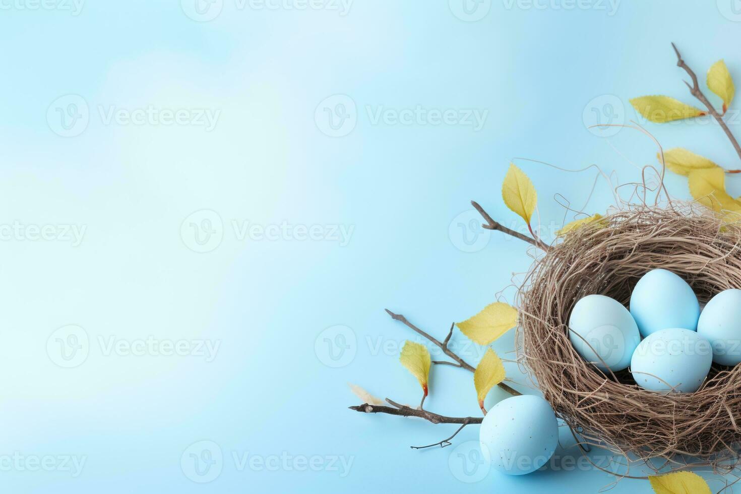 AI generated Easter eggs in a nest on a blue background photo