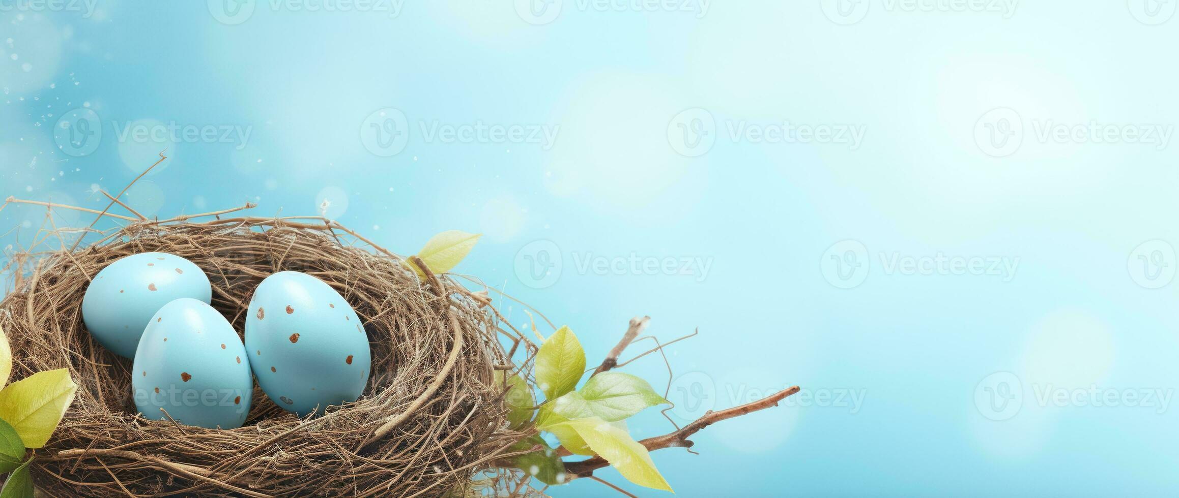 AI generated Easter eggs in a nest on a blue background photo