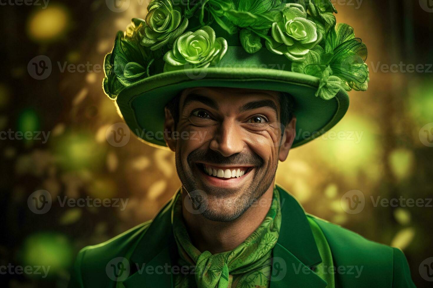 AI generated Portrait of a happy leprechaun with clover leaves. St. Patrick's Day. photo