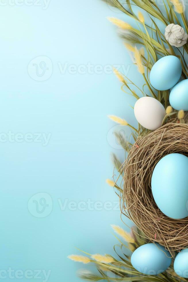 AI generated Easter eggs in a nest on a blue background photo