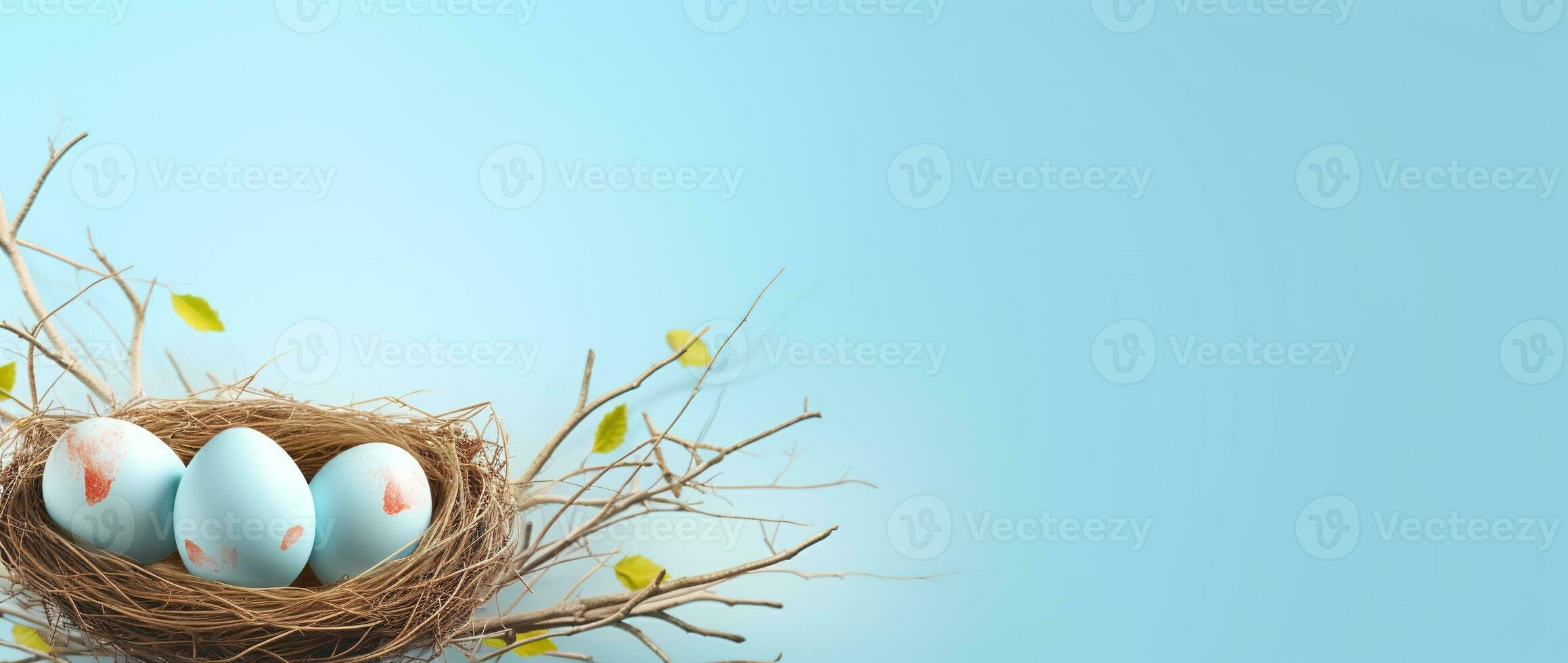 ai generado Pascua de Resurrección huevos en un nido en un azul antecedentes foto