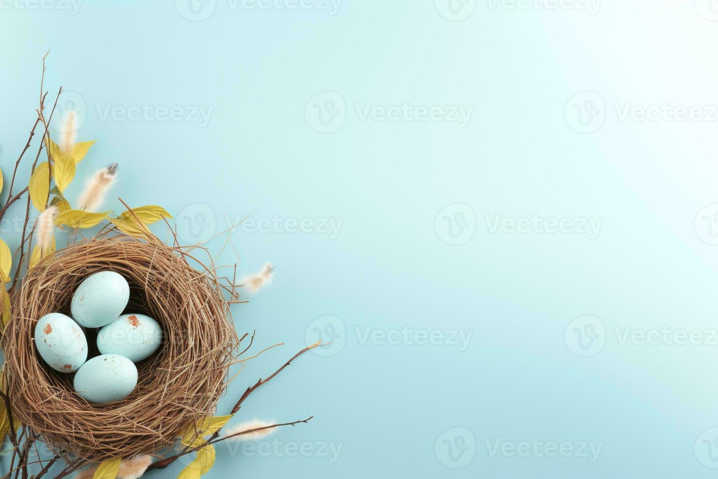 AI generated Easter eggs in a nest on a blue background photo