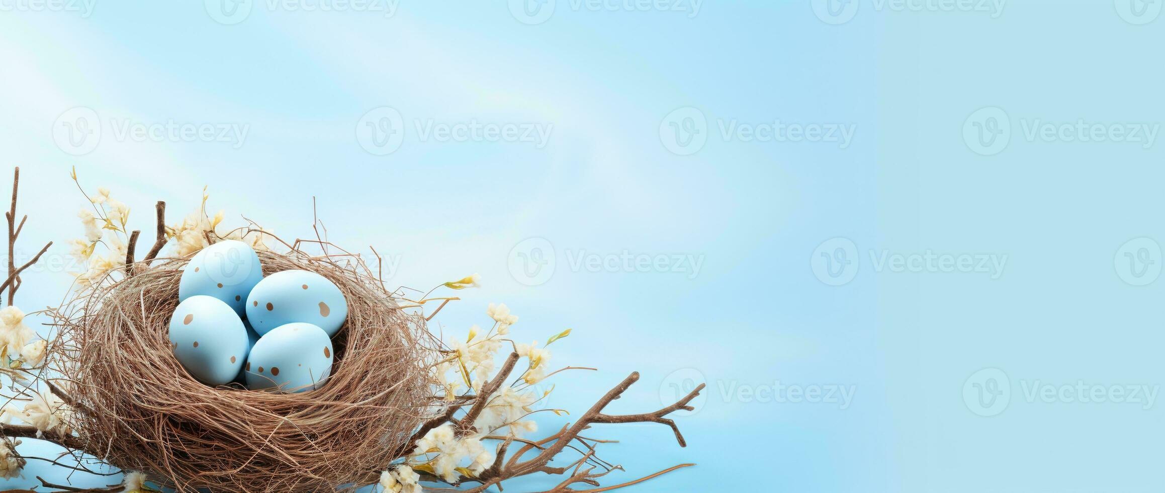 AI generated Easter eggs in a nest on a blue background photo