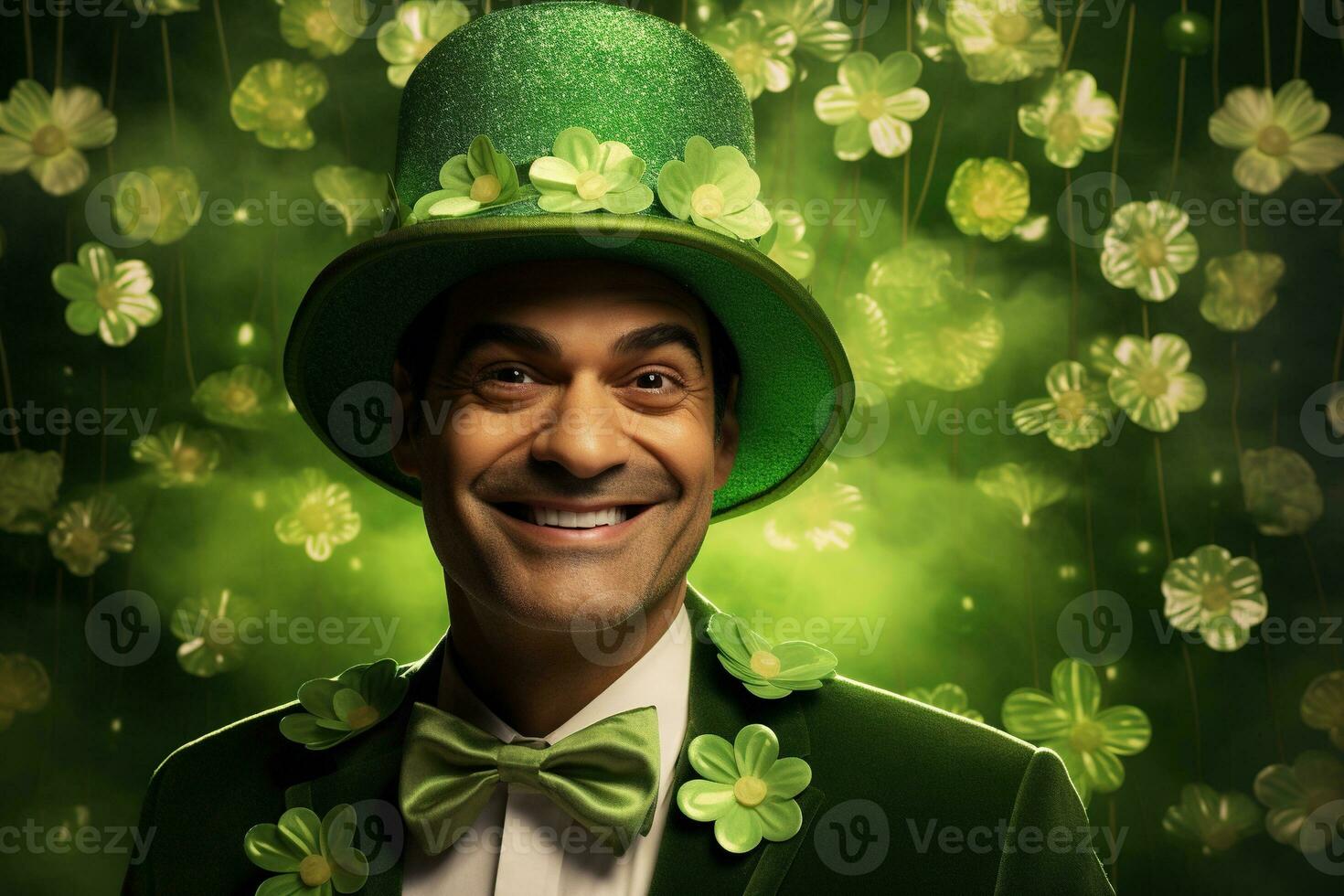 AI generated Portrait of a happy leprechaun with clover leaves. St. Patrick's Day. photo