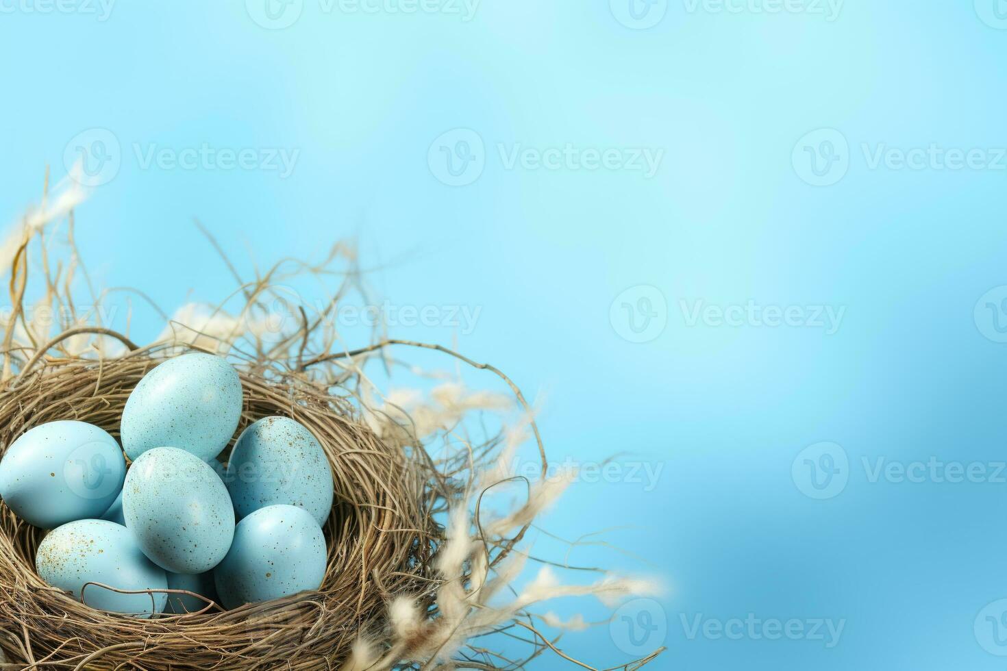 AI generated Easter eggs in a nest on a blue background photo