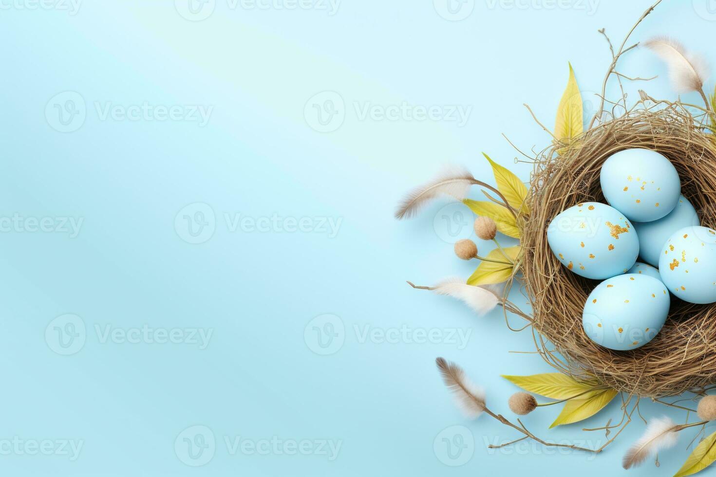 AI generated Easter eggs in a nest on a blue background photo