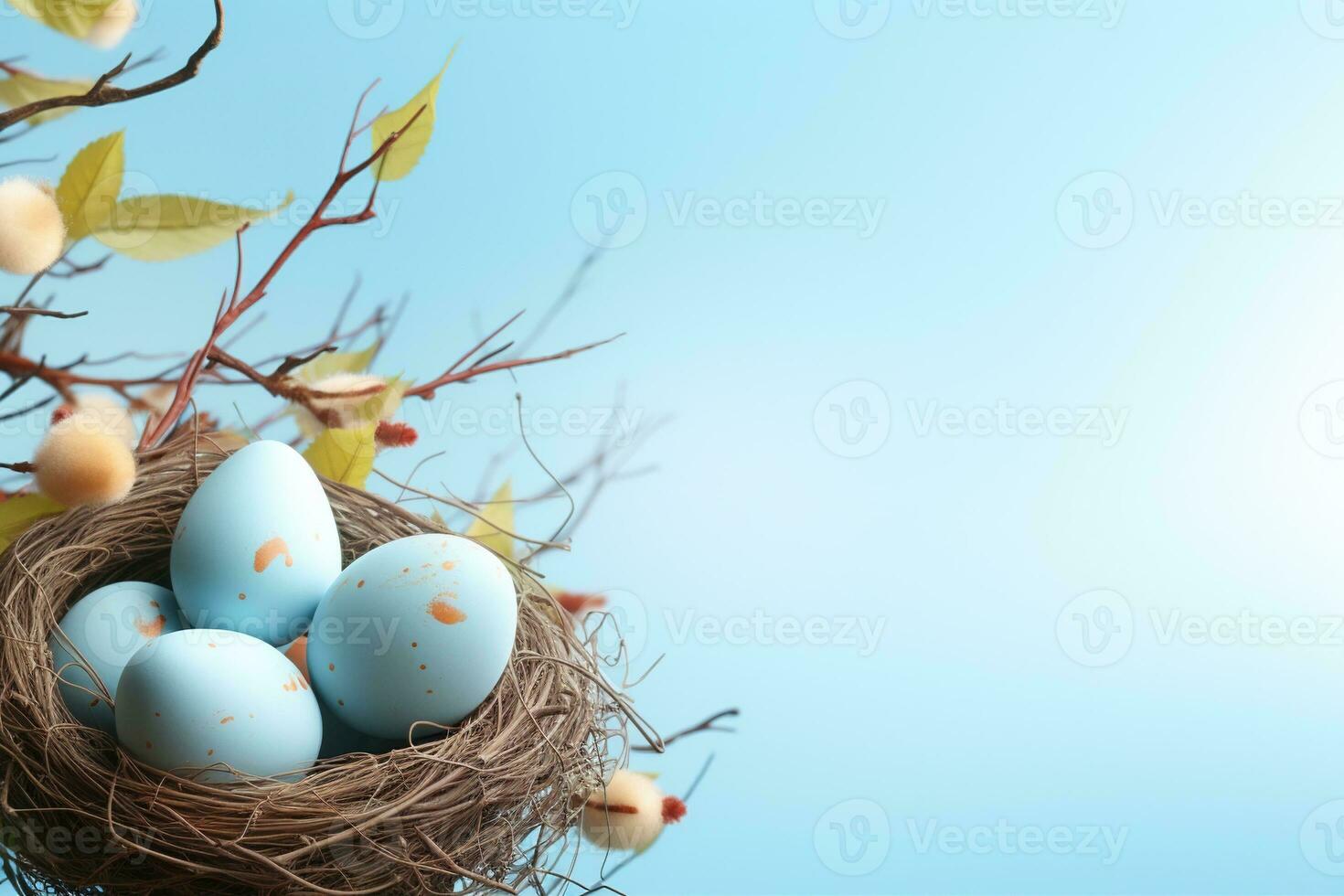 AI generated Easter eggs in a nest on a blue background photo