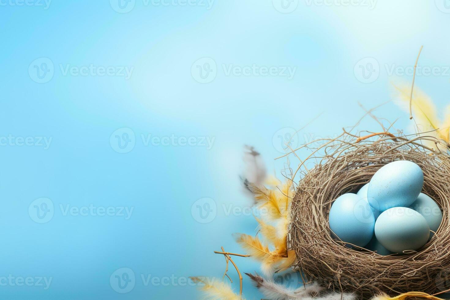 AI generated Easter eggs in a nest on a blue background photo