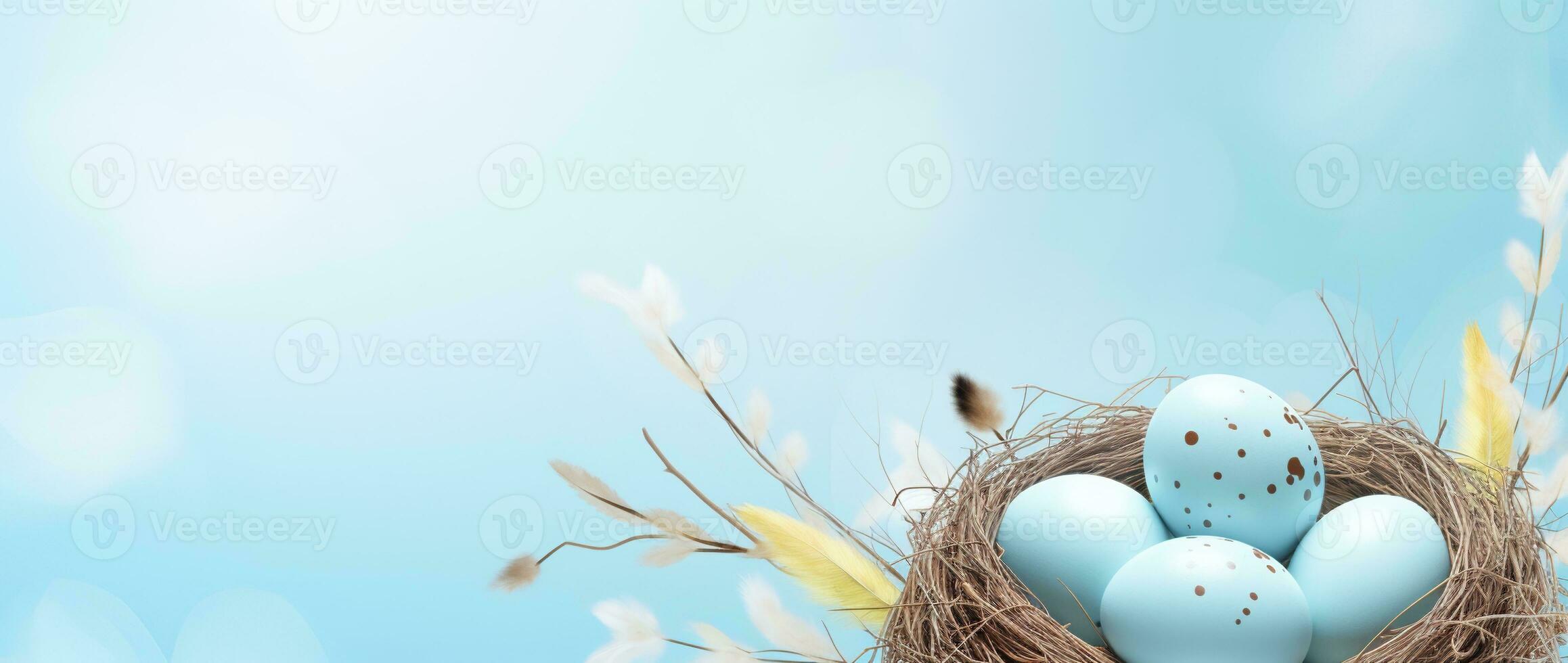 AI generated Easter eggs in a nest on a blue background photo