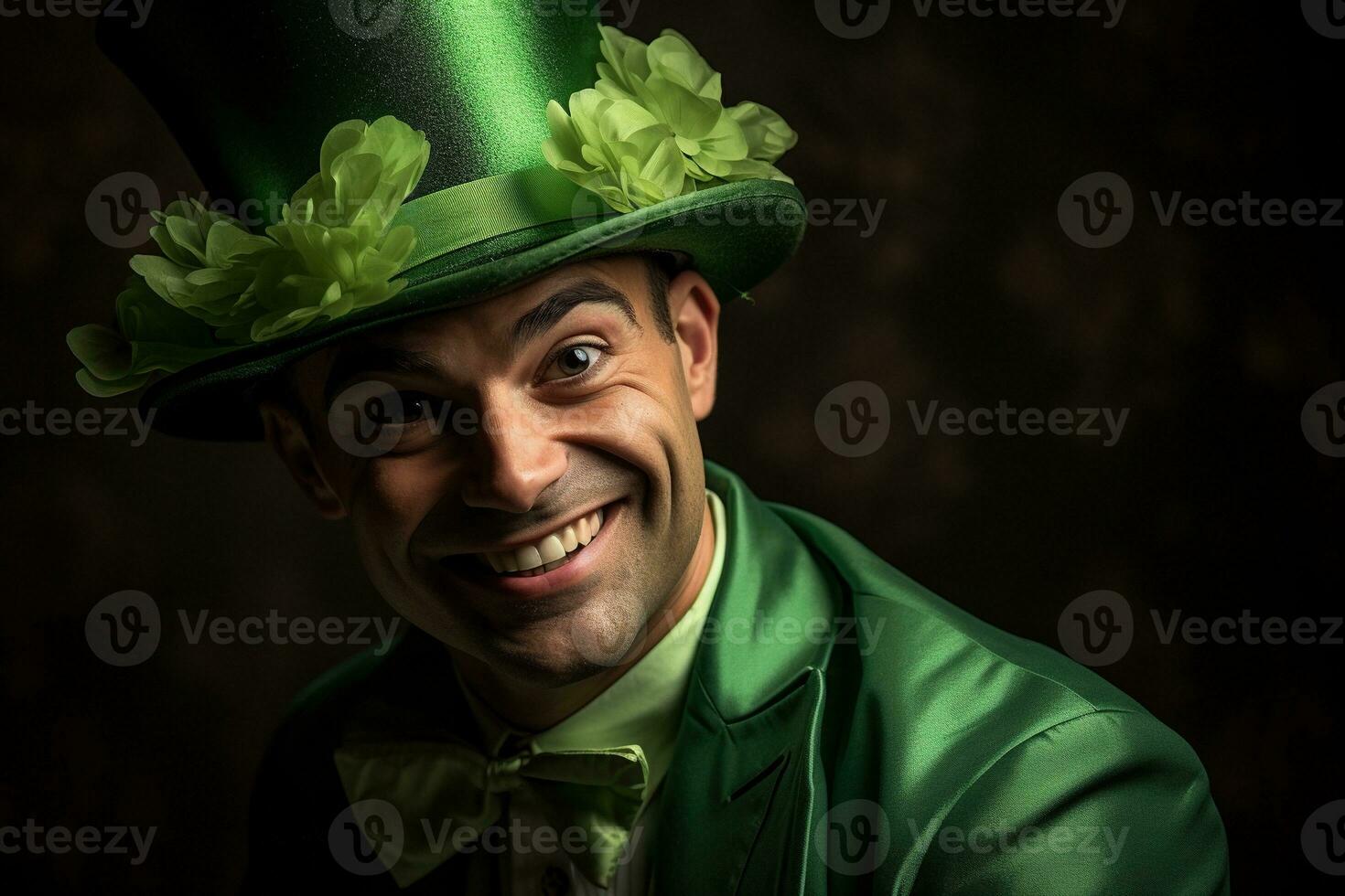 AI generated Portrait of a happy leprechaun with clover leaves. St. Patrick's Day. photo