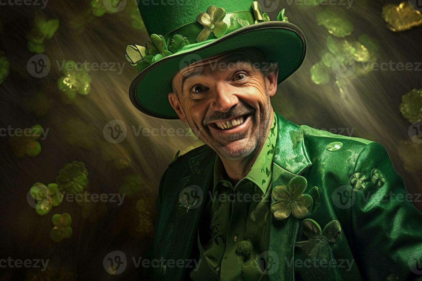 AI generated Portrait of a happy leprechaun with clover leaves. St. Patrick's Day. photo