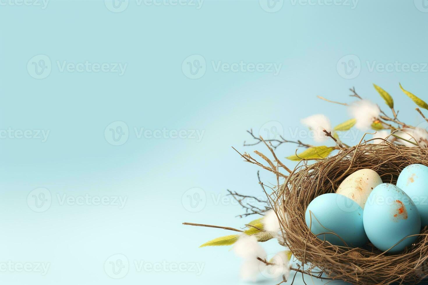 AI generated Easter eggs in a nest on a blue background photo