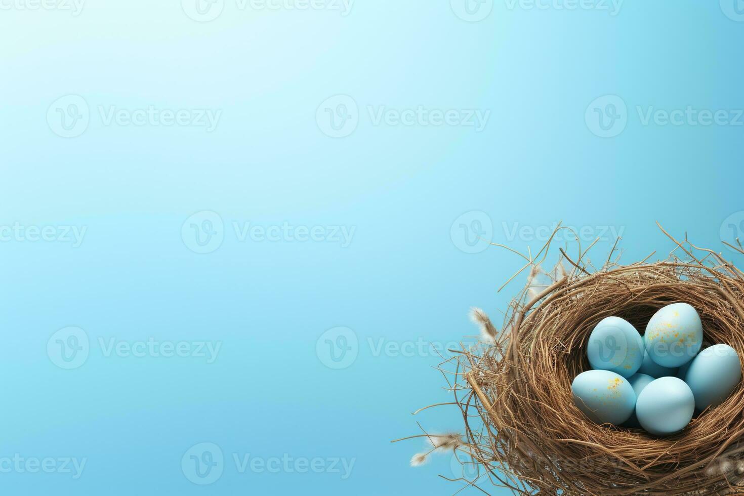 AI generated Easter eggs in a nest on a blue background photo