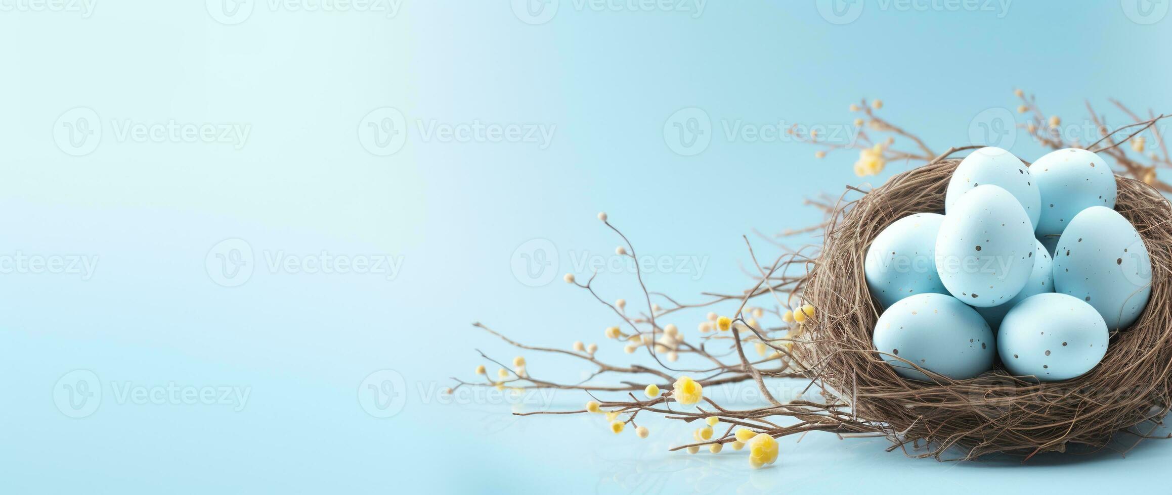 AI generated Easter eggs in a nest on a blue background photo