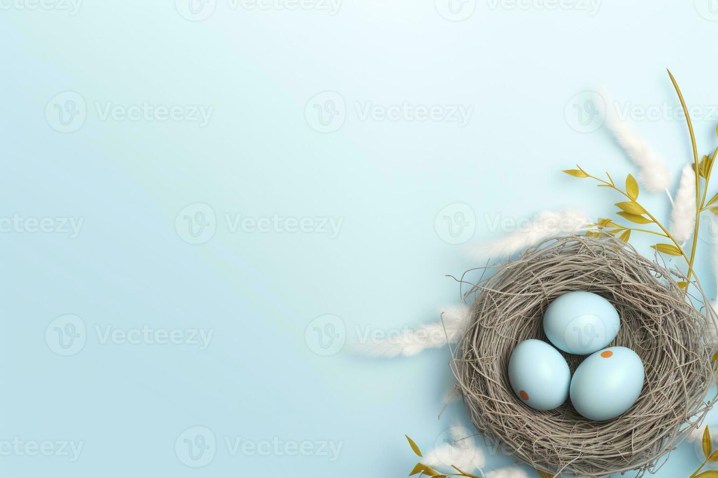 AI generated Easter eggs in a nest on a blue background photo