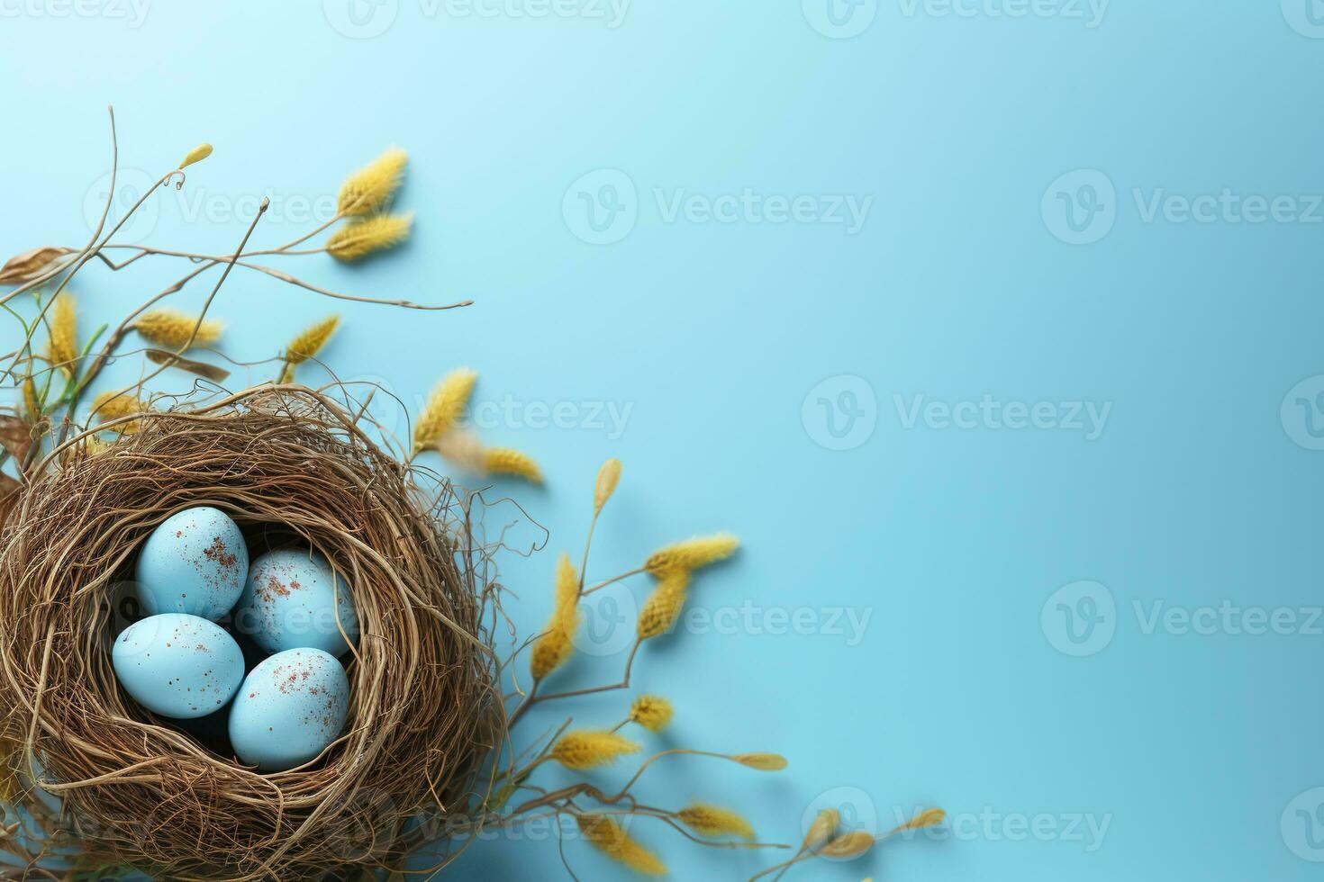 AI generated Easter eggs in a nest on a blue background photo