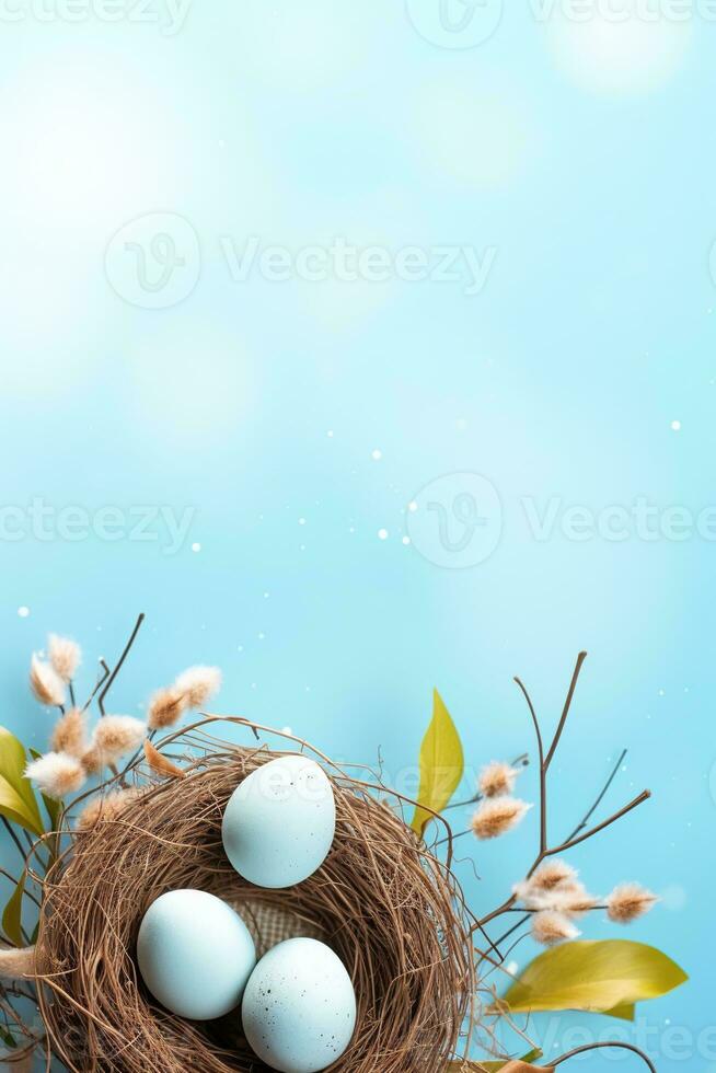 AI generated Easter eggs in a nest on a blue background photo