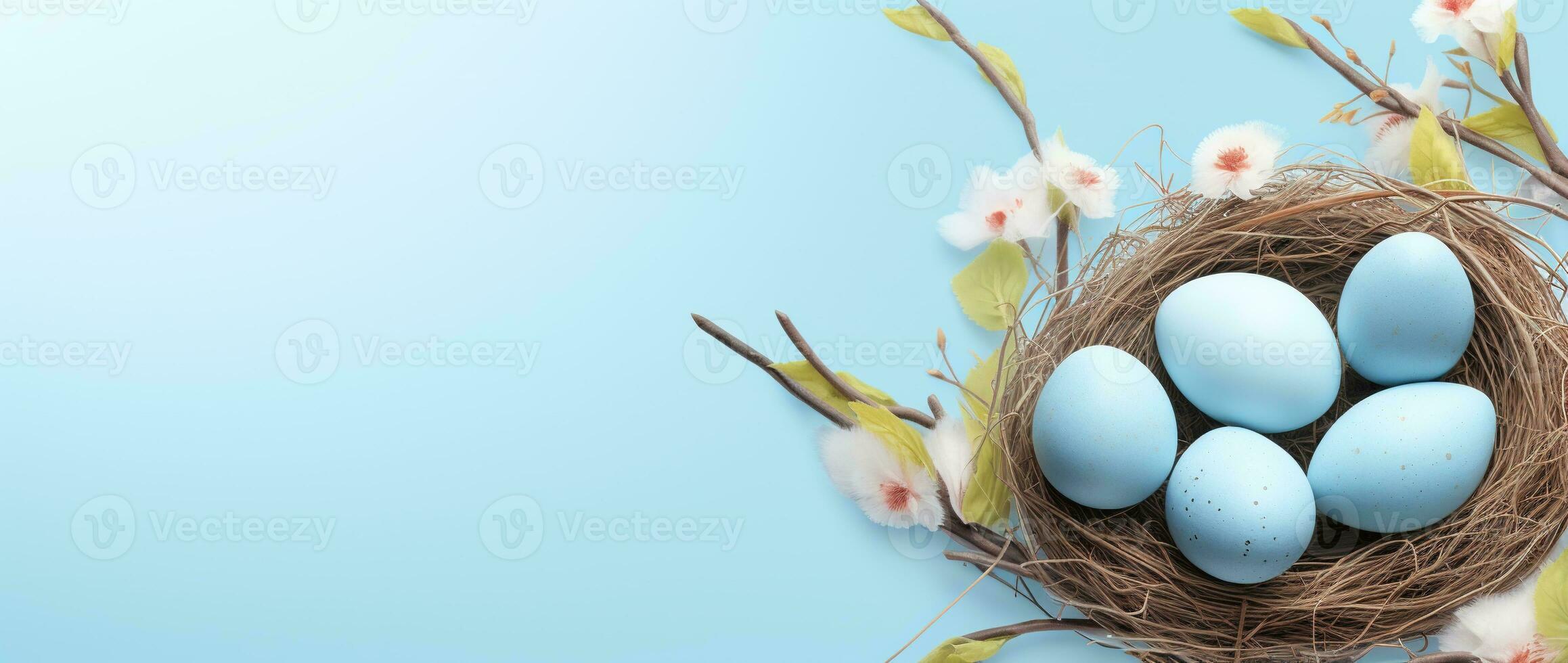 AI generated Easter eggs in a nest on a blue background photo