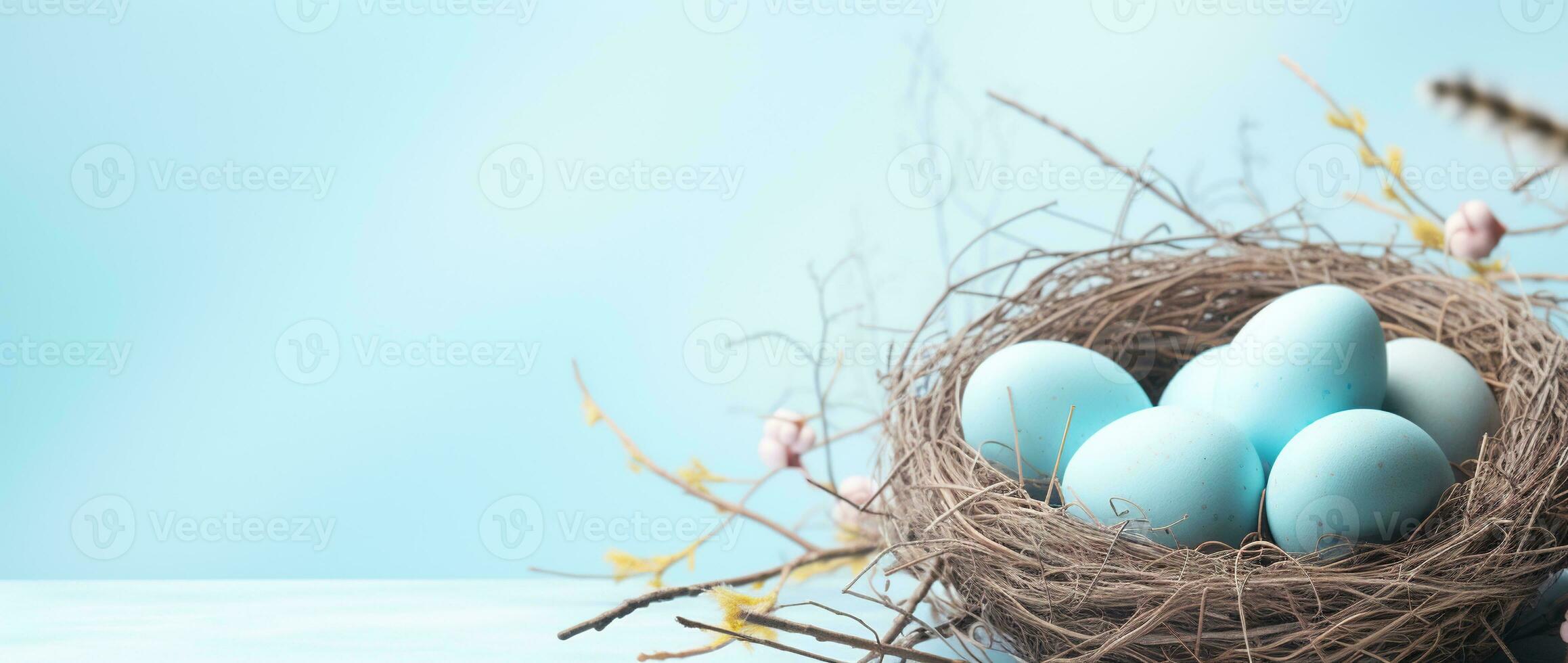 AI generated Easter eggs in a nest on a blue background photo