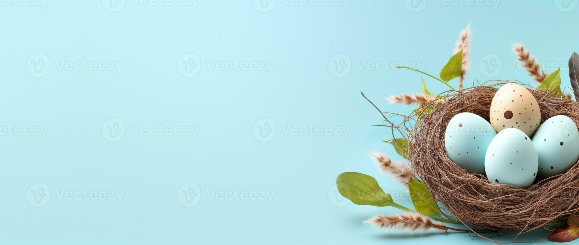AI generated Easter eggs in a nest on a blue background photo