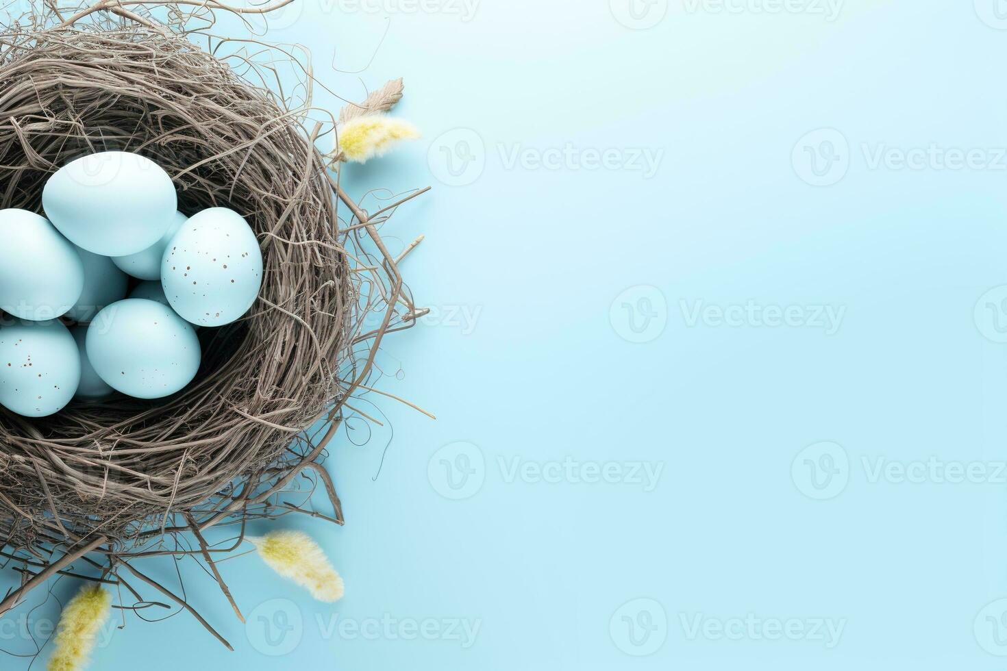 AI generated Easter eggs in a nest on a blue background photo