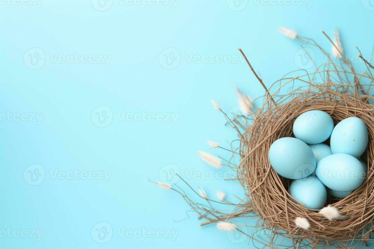 AI generated Easter eggs in a nest on a blue background photo