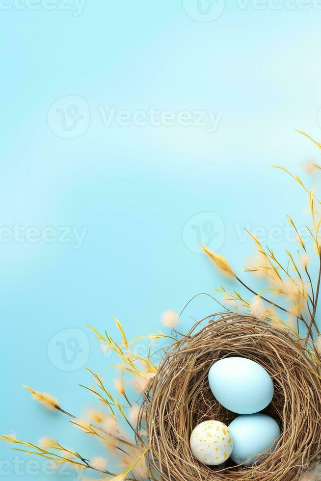 AI generated Easter eggs in a nest on a blue background photo