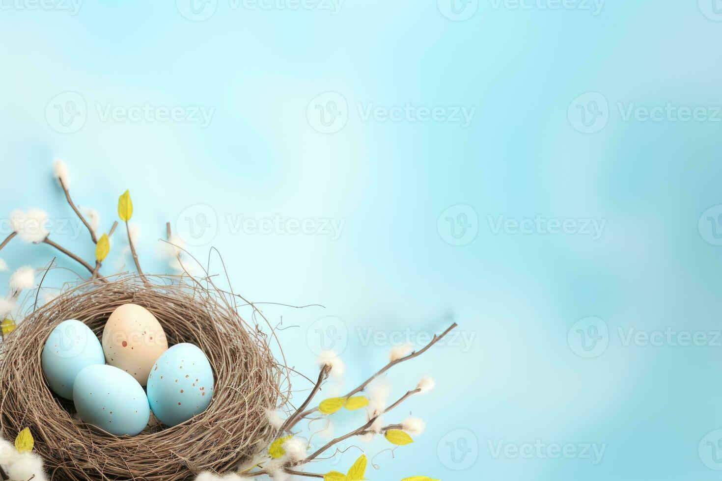 AI generated Easter eggs in a nest on a blue background photo