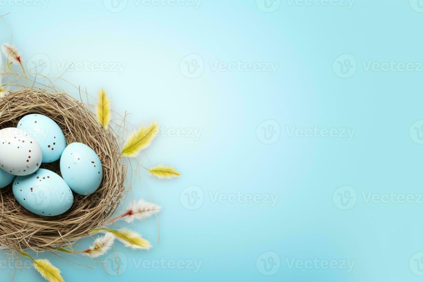 AI generated Easter eggs in a nest on a blue background photo