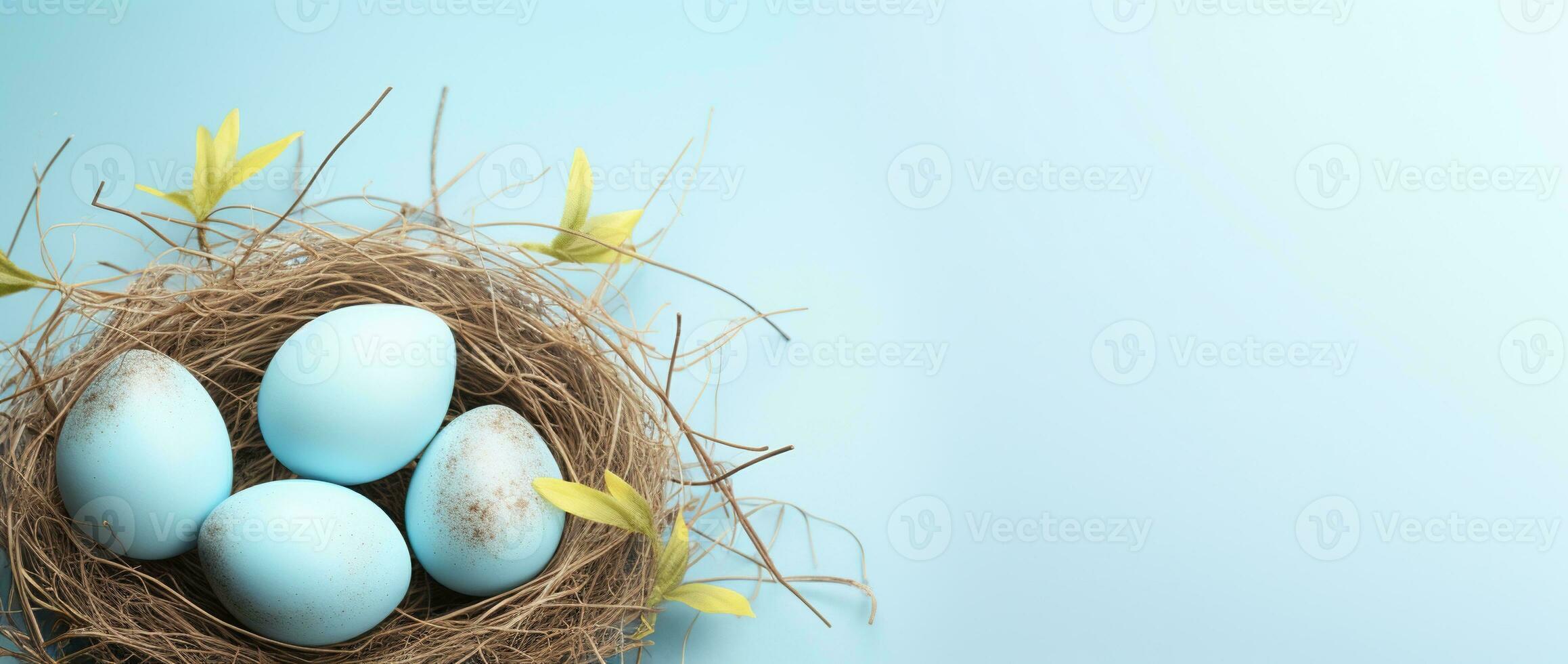 AI generated Easter eggs in a nest on a blue background photo