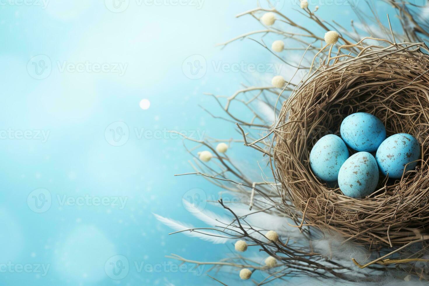 AI generated Easter eggs in a nest on a blue background photo