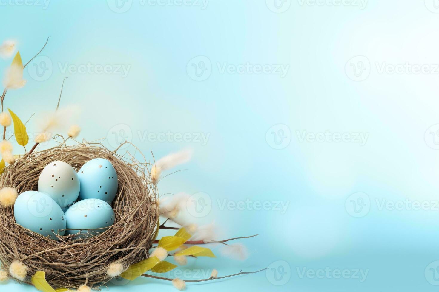 AI generated Easter eggs in a nest on a blue background photo