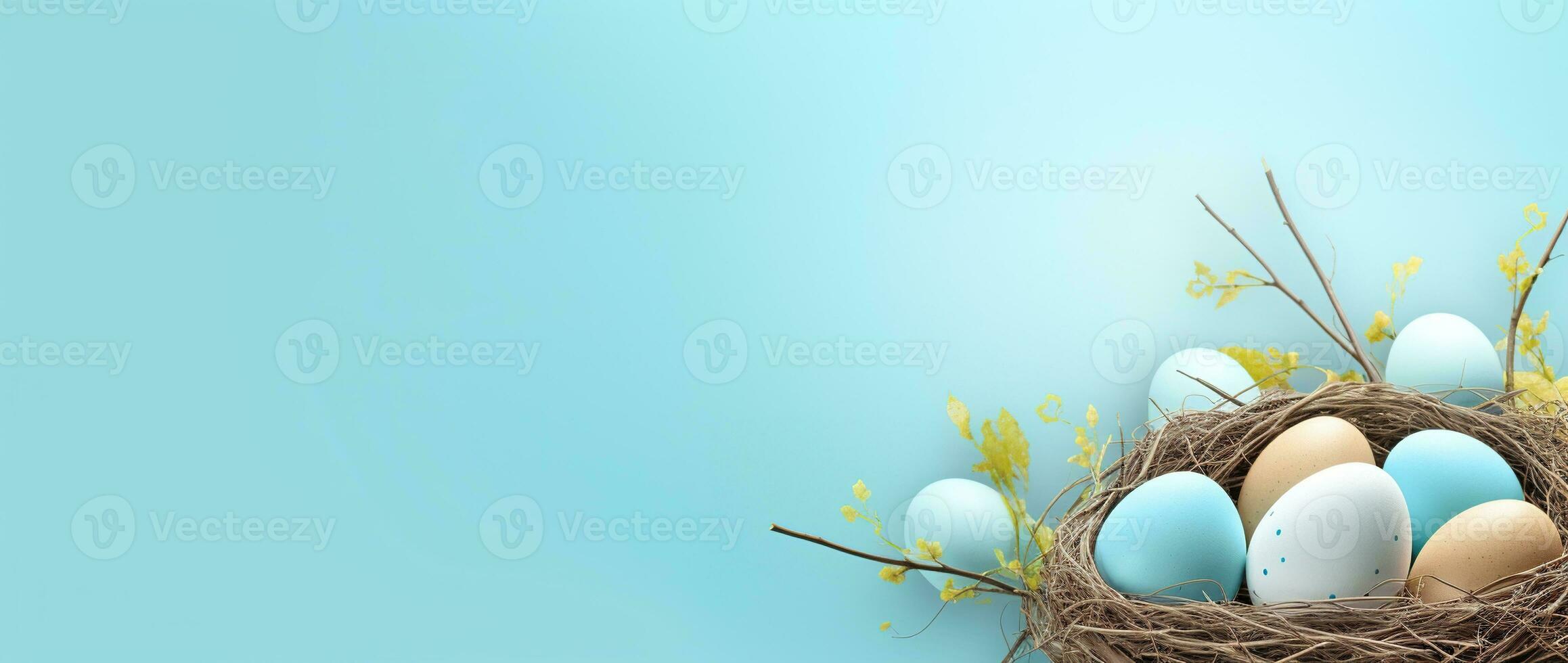 ai generado Pascua de Resurrección huevos en un nido en un azul antecedentes foto