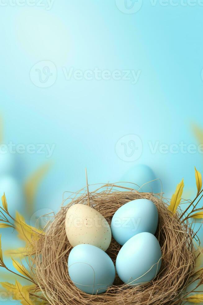 AI generated Easter eggs in a nest on a blue background photo