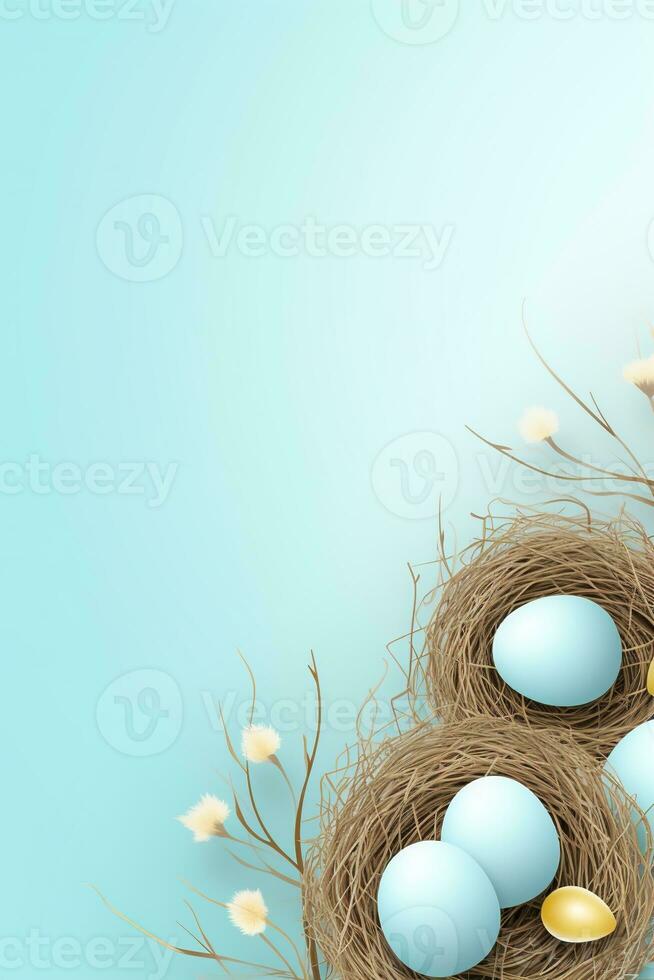 AI generated Easter eggs in a nest on a blue background photo