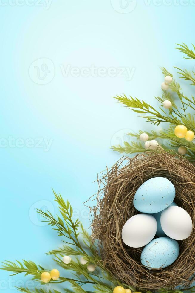 AI generated Easter eggs in a nest on a blue background photo