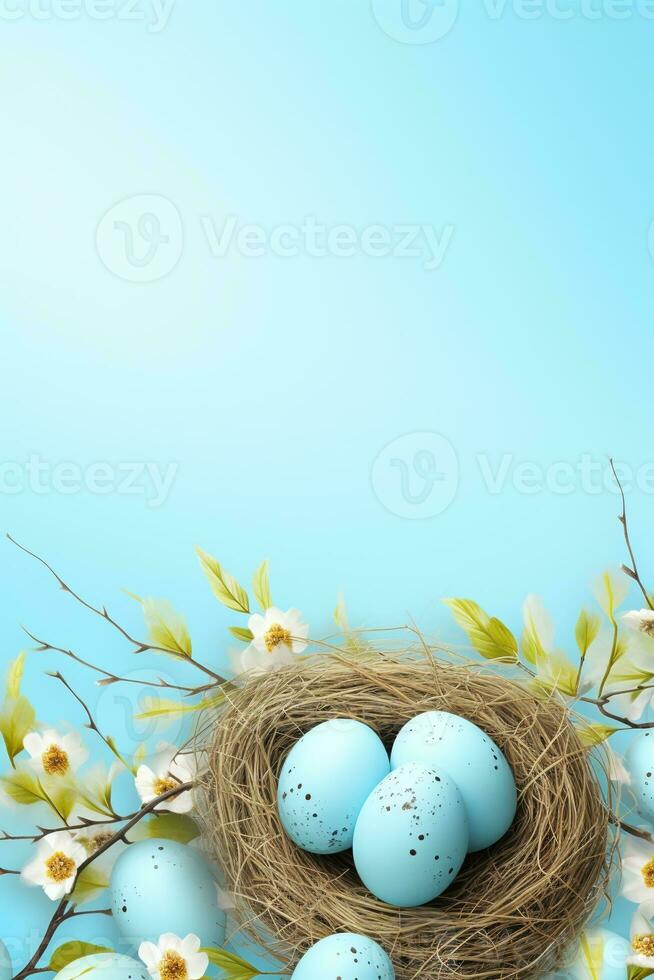 AI generated Easter eggs in a nest on a blue background photo